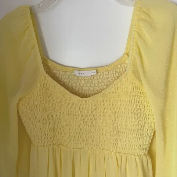 LUSH Yellow Smocked Bust Sheer LS Ruffle Hem Fit & Flare Spring Dress Size S #2 - Picture 5 of 8